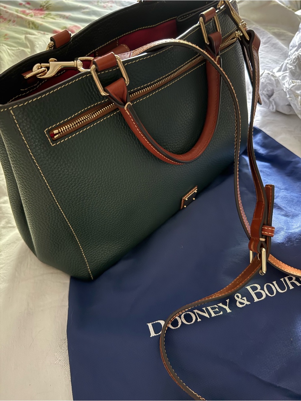 Dooney & Bourke Dark Green Pebbled Leather Satchel with Brown Trim